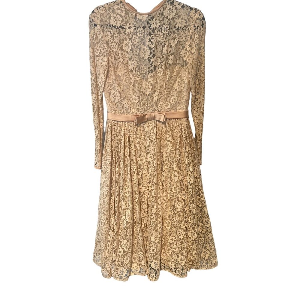 Vintage Cream Lace Long-Sleeve Dress With Satin Bow & Zipper Back